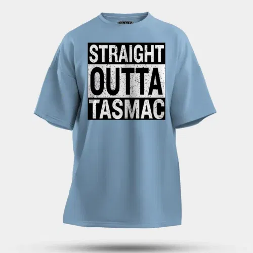 Straight outta tasmac men/unisex oversized t-shirt in baby blue color
