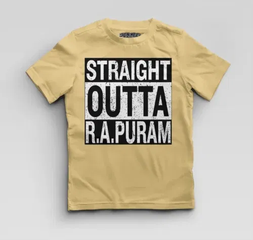 Straight outta r. A puram boys round neck t-shirt in beige color