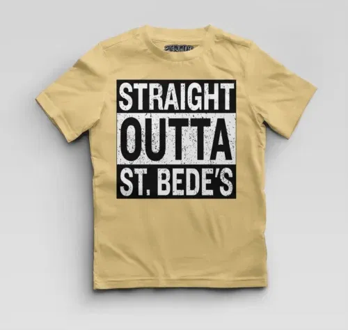 Straight outta st. Bedes boys round neck t-shirt in beige color