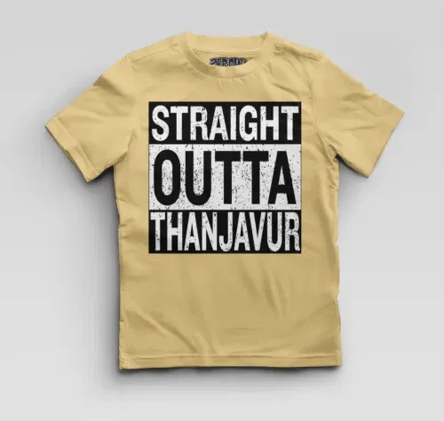 Straight outta thanjavur boys round neck t-shirt in beige color