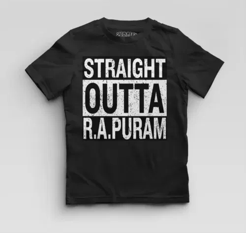 Straight outta r. A puram boys round neck t-shirt in black color