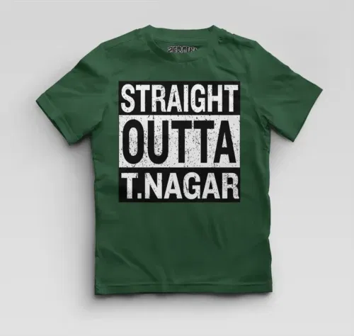 Straight outta t-nagar boys round neck t-shirt in bottle green color