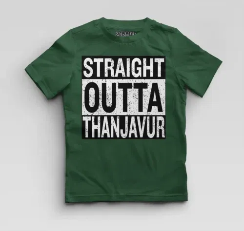 Straight outta thanjavur boys round neck t-shirt in bottle green color