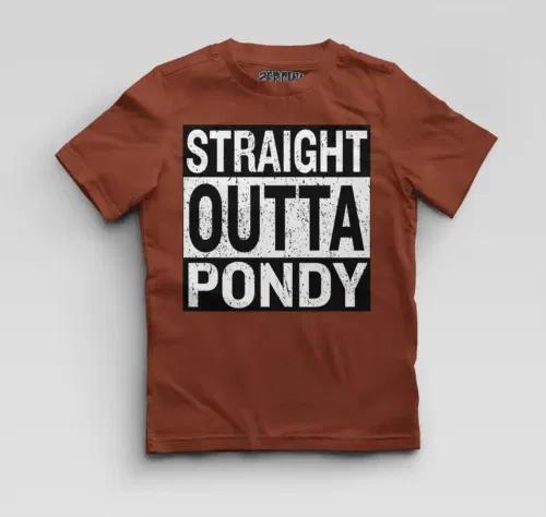 Straight outta pondy boys round neck t-shirt in brick red color