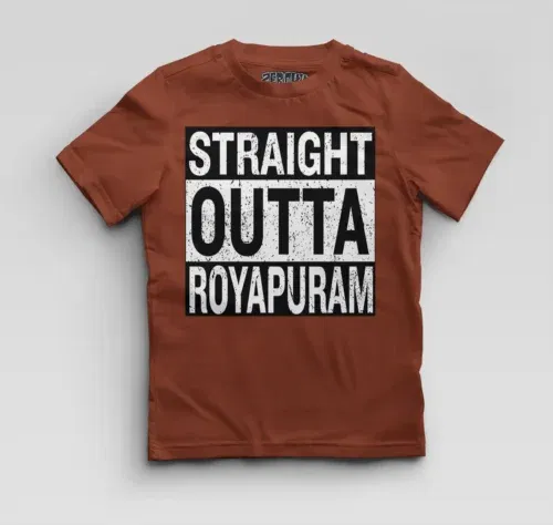 Straight outta royapuram boys round neck t-shirt in brick red color