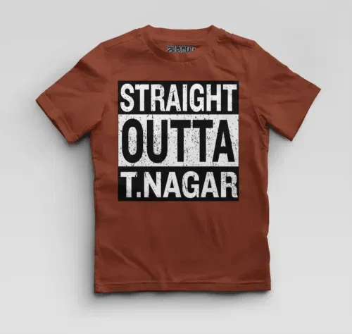 Straight outta t-nagar boys round neck t-shirt in brick red color
