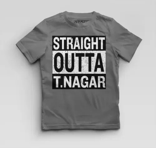 Straight outta t-nagar boys round neck t-shirt in charcoal melange color
