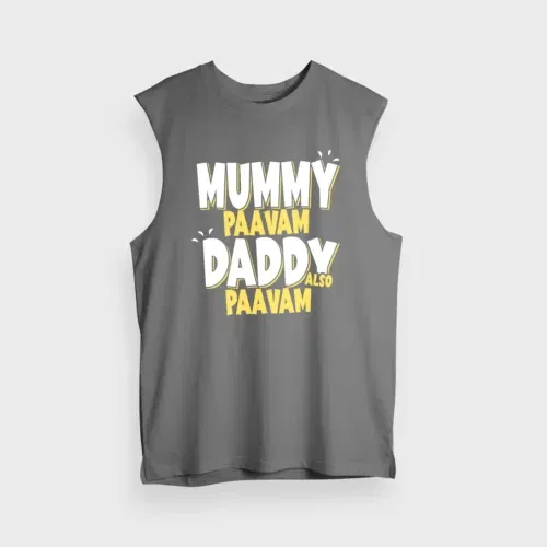 Mummy paavam, daddy also paavam men/unisex tank top in charcoal melange color