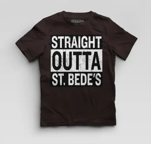 Straight outta st. Bedes boys round neck t-shirt in coffee brown color