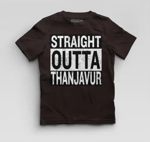 Straight outta thanjavur boys round neck t-shirt in coffee brown color