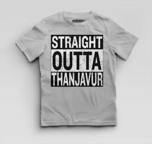 Straight outta thanjavur boys round neck t-shirt in grey melange color