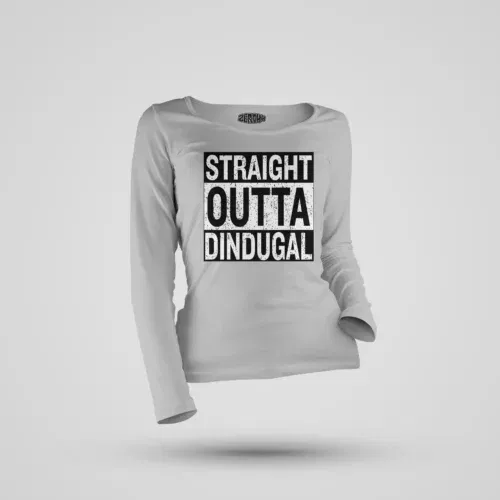 Straight outta dindugal women's long sleeve t-shirt in grey melange color