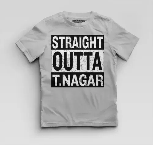 Straight outta t-nagar boys round neck t-shirt in grey melange color
