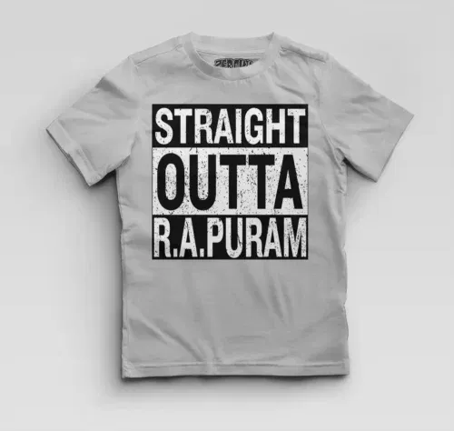 Straight outta r. A puram boys round neck t-shirt in grey melange color
