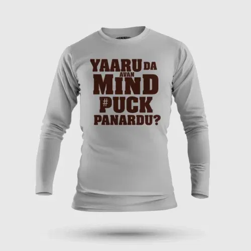 Yaaru da avan mind puck panardu men/unisex long sleeve t-shirt in grey melange color
