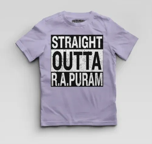 Straight outta r. A puram boys round neck t-shirt in lavender color