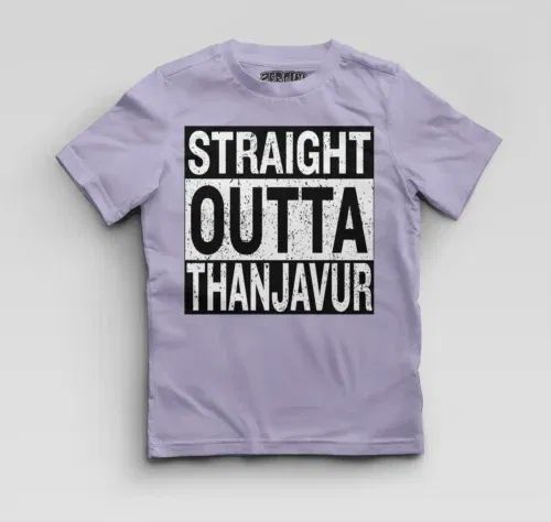 Straight outta thanjavur boys round neck t-shirt in lavender color