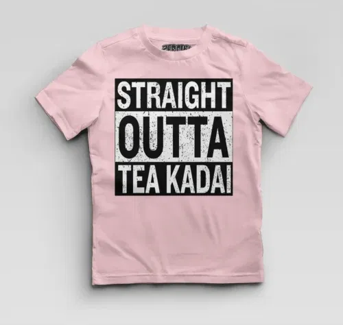 Straight outta tea kadai boys round neck t-shirt in light baby pink color