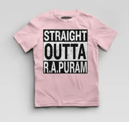 Straight outta r. A puram boys round neck t-shirt in light baby pink color
