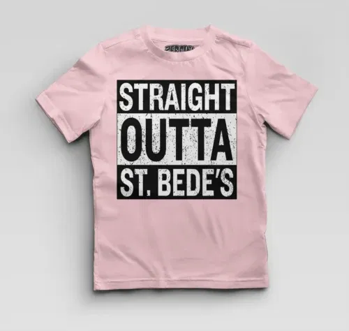 Straight outta st. Bedes boys round neck t-shirt in light baby pink color