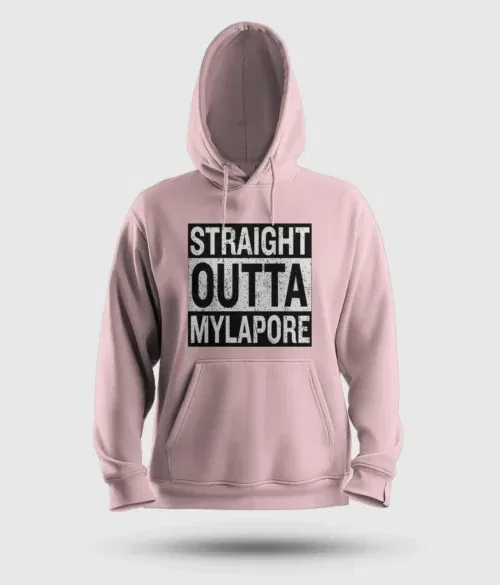 Straight outta mylapore men/unisex hoodie in light baby pink color