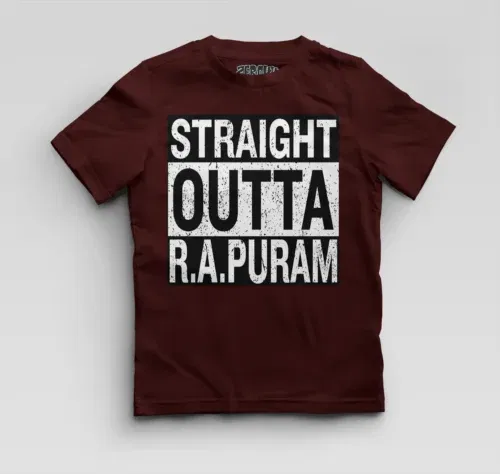 Straight outta r. A puram boys round neck t-shirt in maroon color
