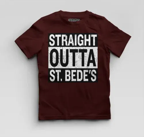 Straight outta st. Bedes boys round neck t-shirt in maroon color