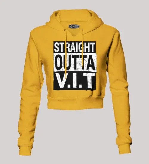 Straight outta vit women's crop hoodies in mustard yellow color