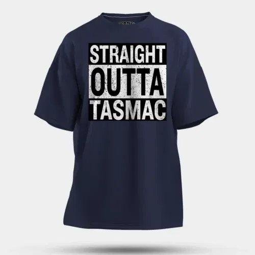 Straight outta tasmac men/unisex oversized t-shirt in navy blue color