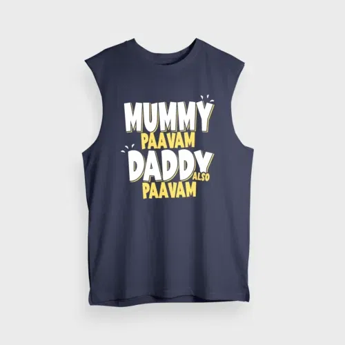 Mummy paavam, daddy also paavam men/unisex tank top in navy blue color