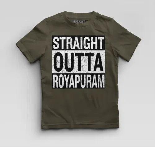 Straight outta royapuram boys round neck t-shirt in olive green color
