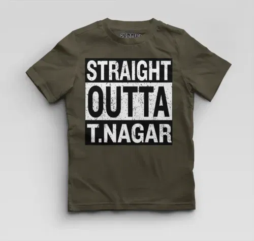 Straight outta t-nagar boys round neck t-shirt in olive green color