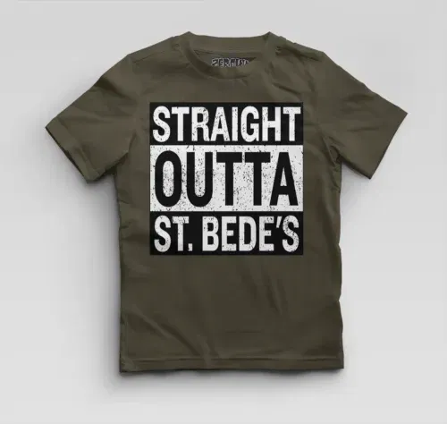 Straight outta st. Bedes boys round neck t-shirt in olive green color