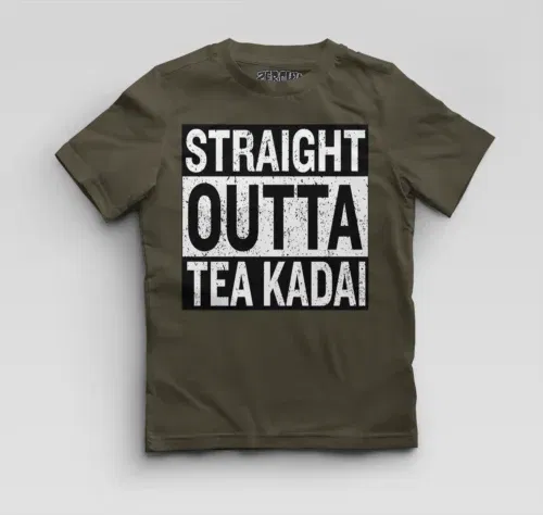 Straight outta tea kadai boys round neck t-shirt in olive green color