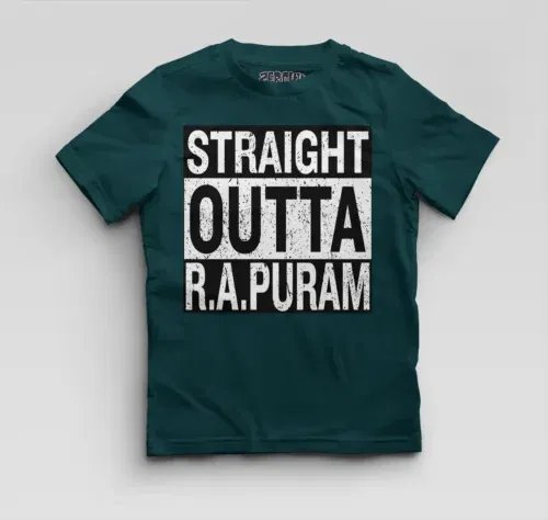 Straight outta r. A puram boys round neck t-shirt in petrol blue color