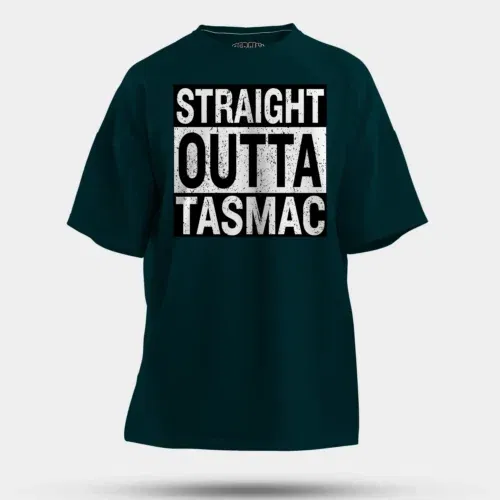 Straight outta tasmac men/unisex oversized t-shirt in petrol blue color