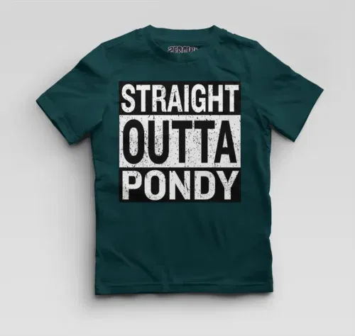 Straight outta pondy boys round neck t-shirt in petrol blue color