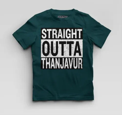 Straight outta thanjavur boys round neck t-shirt in petrol blue color