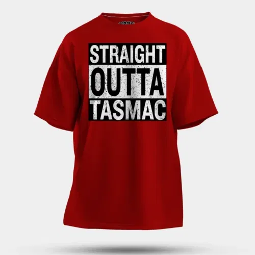 Straight outta tasmac men/unisex oversized t-shirt in red color