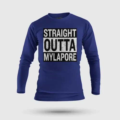 Straight outta mylapore men/unisex long sleeve t-shirt in royal blue color