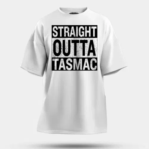 Straight outta tasmac men/unisex oversized t-shirt in white color