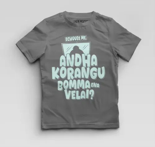Echuuse me andha korangu bomma ena velai? Boys round neck t-shirt in charcoal melange color