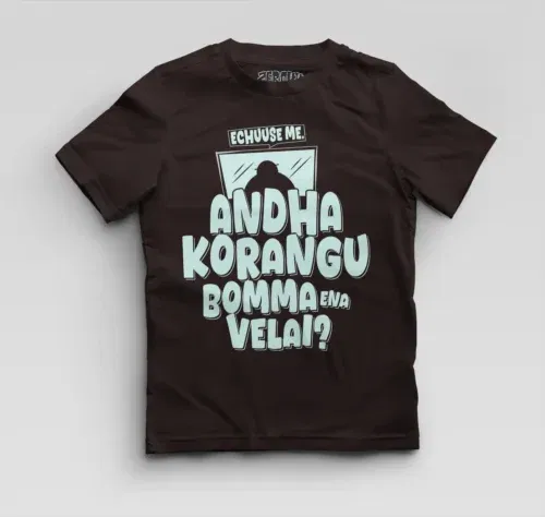 Echuuse me andha korangu bomma ena velai? Boys round neck t-shirt in coffee brown color