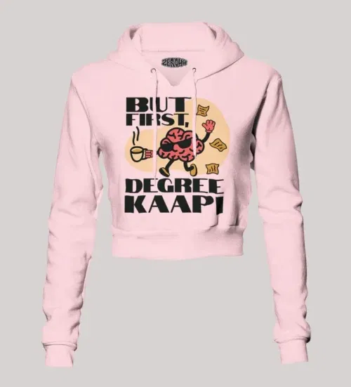 But first degree kaapi women's crop hoodies in light baby pink color