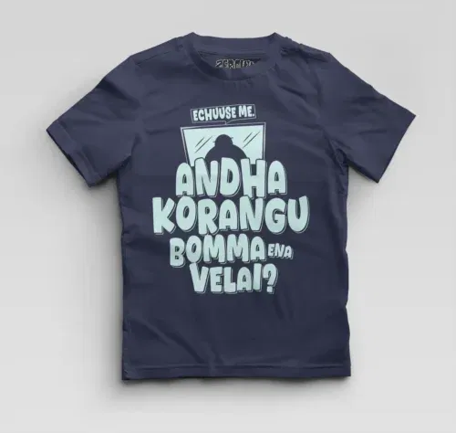 Echuuse me andha korangu bomma ena velai? Boys round neck t-shirt in navy blue color