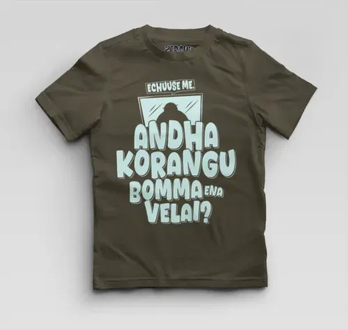 Echuuse me andha korangu bomma ena velai? Boys round neck t-shirt in olive green color