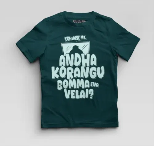 Echuuse me andha korangu bomma ena velai? Boys round neck t-shirt in petrol blue color
