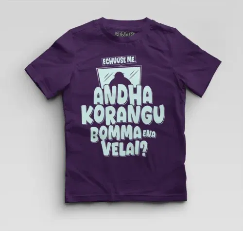 Echuuse me andha korangu bomma ena velai? Boys round neck t-shirt in purple color