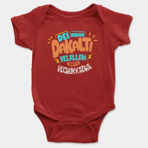 Dei indha dakalti vellalam enkitta vechukkadha onesie/romper in red color