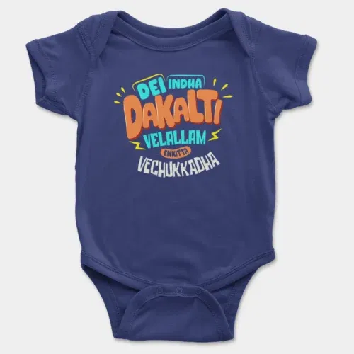Dei indha dakalti vellalam enkitta vechukkadha onesie/romper in royal blue color